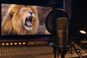 Studiomikrofon vor einem Bildschirm mit brüllendem Löwen in einem Tonstudio.