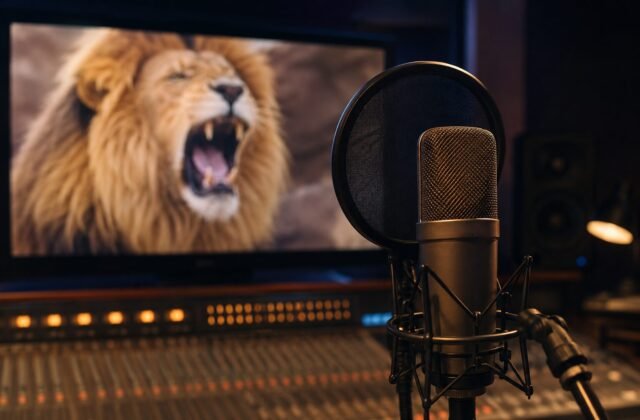 Studiomikrofon vor einem Bildschirm mit brüllendem Löwen in einem Tonstudio.