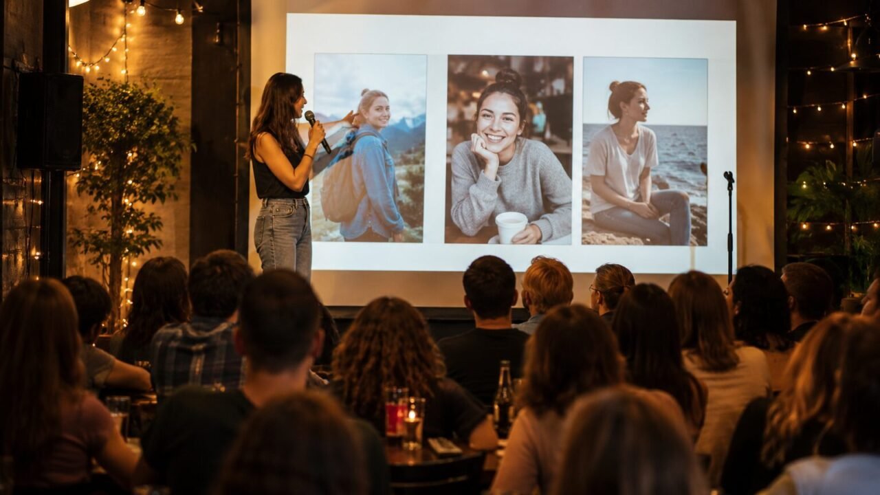Frau präsentiert bei einem Dating-Event Fotos einer Single-Freundin auf einer Leinwand vor Publikum.
