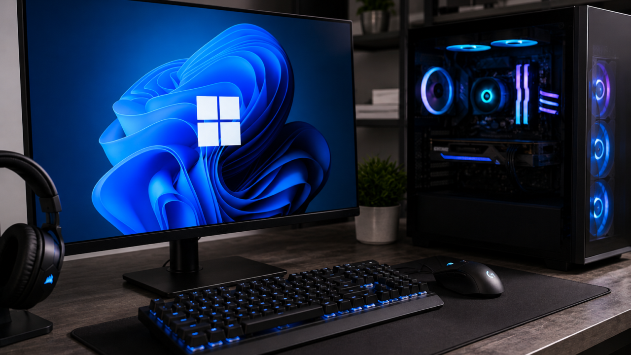 Gaming-PC mit Windows 11 auf dem Monitor und RGB-beleuchtetem Rechner.