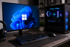 Gaming-PC mit Windows 11 auf dem Monitor und RGB-beleuchtetem Rechner.