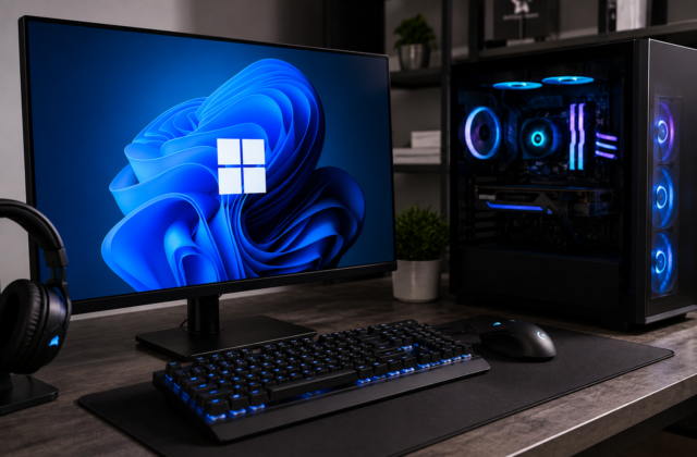Gaming-PC mit Windows 11 auf dem Monitor und RGB-beleuchtetem Rechner.