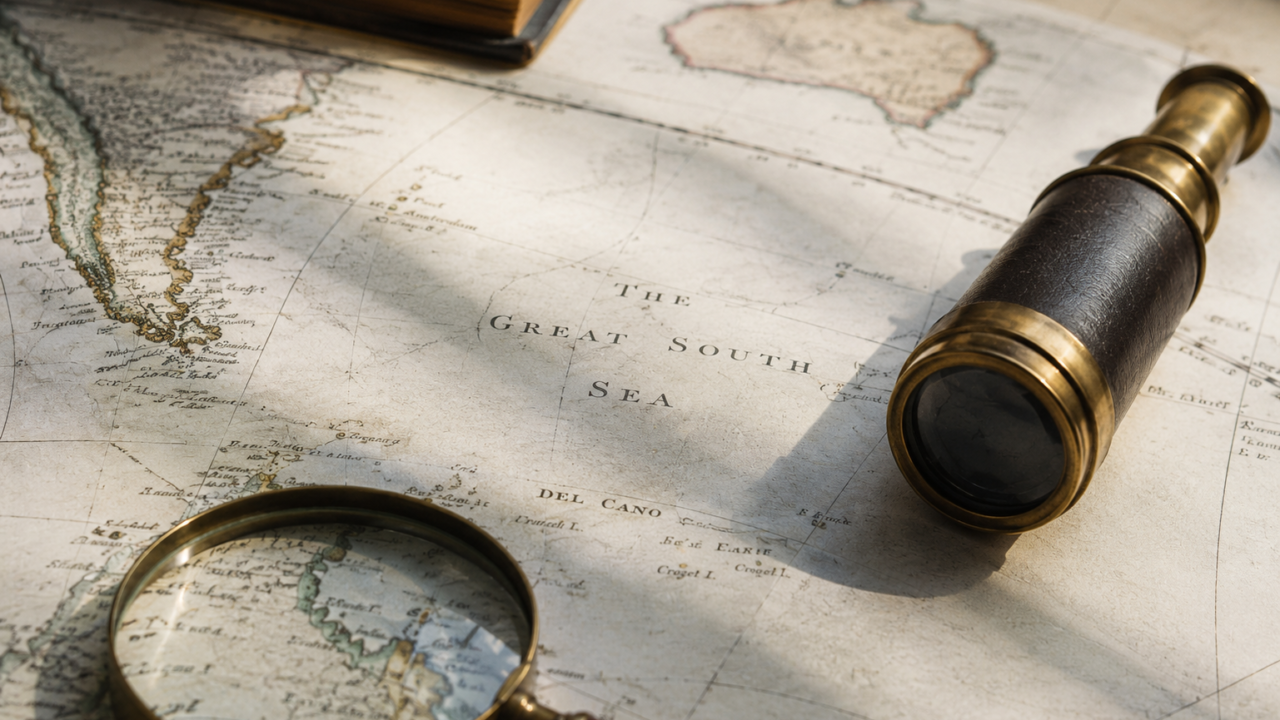 Historische Seekarte mit Fernrohr und Lupe als Symbol für Phantominseln, die jahrhundertelang auf Karten verzeichnet waren.