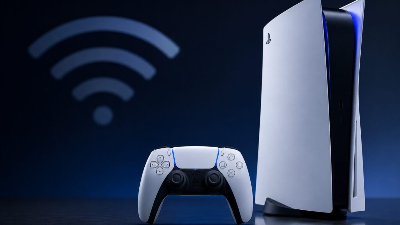 PlayStation 5 mit DualSense-Controller vor dunklem Hintergrund und einem dezenten WLAN-Symbol.