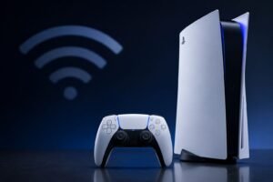 PlayStation 5 mit DualSense-Controller vor dunklem Hintergrund und einem dezenten WLAN-Symbol.