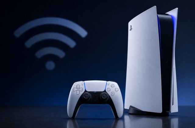 PlayStation 5 mit DualSense-Controller vor dunklem Hintergrund und einem dezenten WLAN-Symbol.