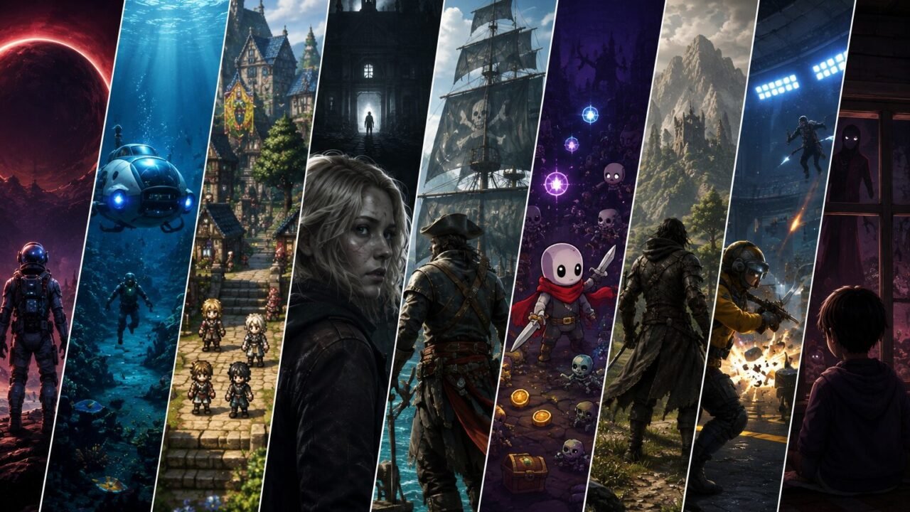 Gaming-Collage mit verschiedenen Spielwelten aus Sci-Fi, Fantasy, Horror, Piraten-Abenteuer und Unterwasser-Erkundung.