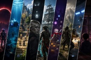 Gaming-Collage mit verschiedenen Spielwelten aus Sci-Fi, Fantasy, Horror, Piraten-Abenteuer und Unterwasser-Erkundung.