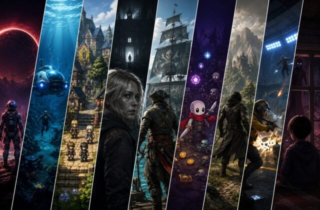 Gaming-Collage mit verschiedenen Spielwelten aus Sci-Fi, Fantasy, Horror, Piraten-Abenteuer und Unterwasser-Erkundung.
