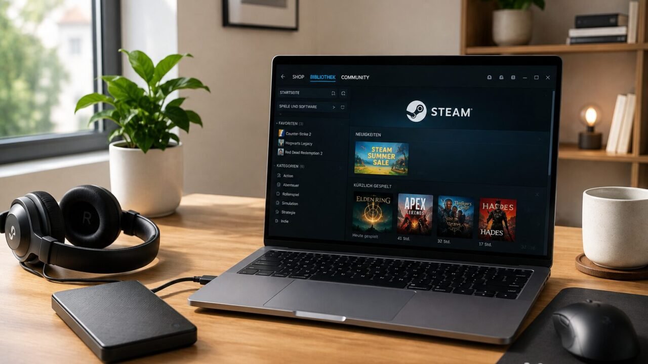 Laptop mit geöffneter Steam-Bibliothek und externer Festplatte auf einem Schreibtisch.