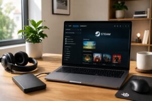 Laptop mit geöffneter Steam-Bibliothek und externer Festplatte auf einem Schreibtisch.