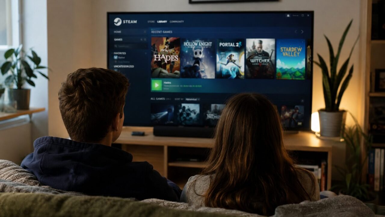 Zwei Personen sitzen vor einem Fernseher mit geöffneter Steam-Bibliothek und teilen Spiele über Steam Families.