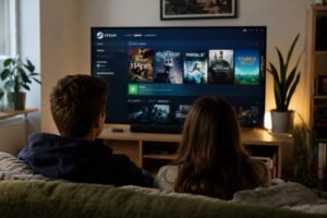 Zwei Personen sitzen vor einem Fernseher mit geöffneter Steam-Bibliothek und teilen Spiele über Steam Families.