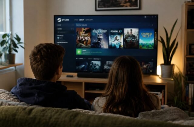 Zwei Personen sitzen vor einem Fernseher mit geöffneter Steam-Bibliothek und teilen Spiele über Steam Families.