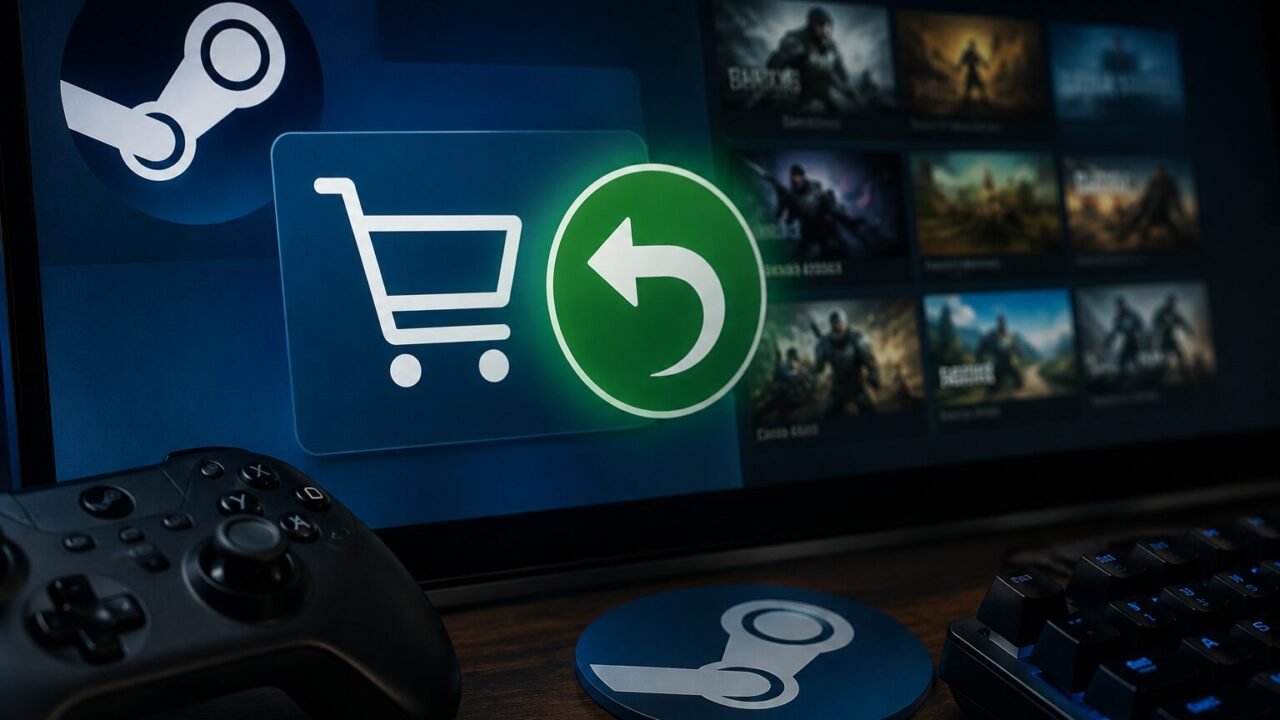 Steam-Oberfläche mit Einkaufswagen und Rückgabe-Symbol auf einem Gaming-Monitor