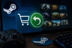 Steam-Oberfläche mit Einkaufswagen und Rückgabe-Symbol auf einem Gaming-Monitor