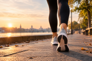 Person beim zügigen Gehen auf einer Uferpromenade als Symbol für tägliche Schritte, Bewegung und Gehtempo.