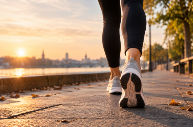 Person beim zügigen Gehen auf einer Uferpromenade als Symbol für tägliche Schritte, Bewegung und Gehtempo.