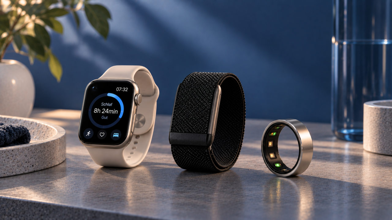 Apple Watch, Whoop-Fitnessband und Oura Ring vor blauem Hintergrund als Vergleich von Schlaf-, Fitness- und Recovery-Trackern.