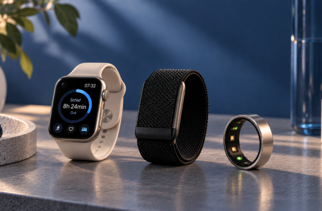 Apple Watch, Whoop-Fitnessband und Oura Ring vor blauem Hintergrund als Vergleich von Schlaf-, Fitness- und Recovery-Trackern.
