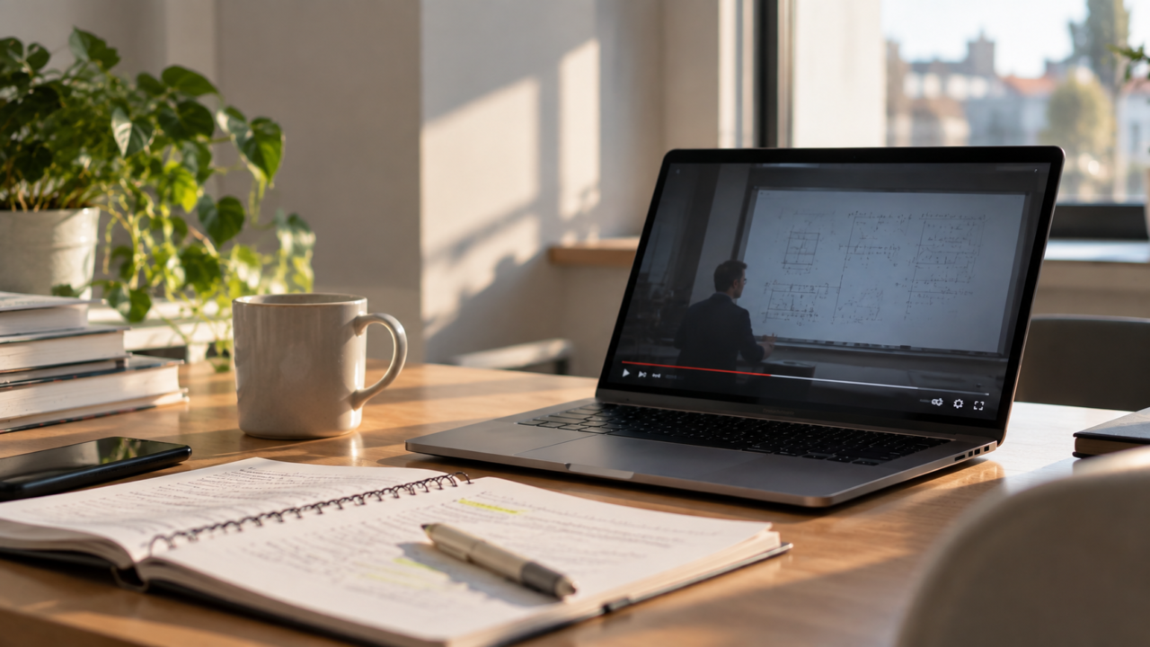 Laptop mit laufender Online-Vorlesung auf einem Schreibtisch mit Notizen und Lernunterlagen.