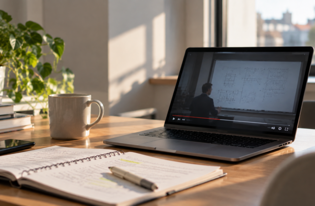Laptop mit laufender Online-Vorlesung auf einem Schreibtisch mit Notizen und Lernunterlagen.
