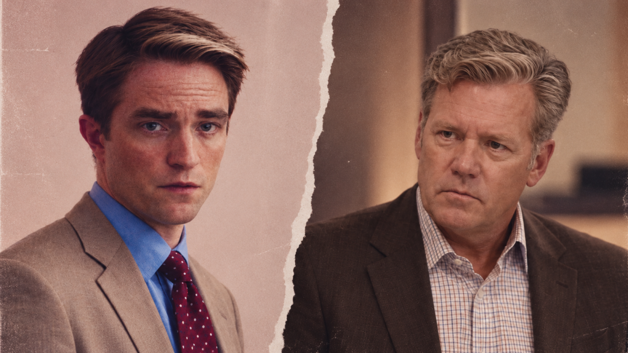 Robert Pattinson als Chris Hansen in Primetime neben dem echten Chris Hansen in einer geteilten Bildkomposition.