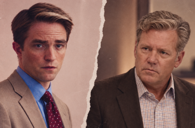 Robert Pattinson als Chris Hansen in Primetime neben dem echten Chris Hansen in einer geteilten Bildkomposition.