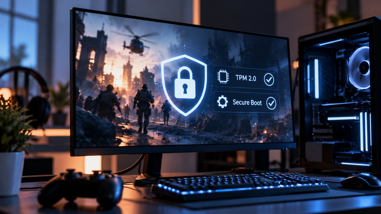 Gaming-PC mit Monitor, auf dem Secure Boot und TPM 2.0 als Sicherheitsfunktionen für Anti-Cheat dargestellt werden.