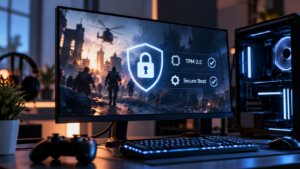 Gaming-PC mit Monitor, auf dem Secure Boot und TPM 2.0 als Sicherheitsfunktionen für Anti-Cheat dargestellt werden.