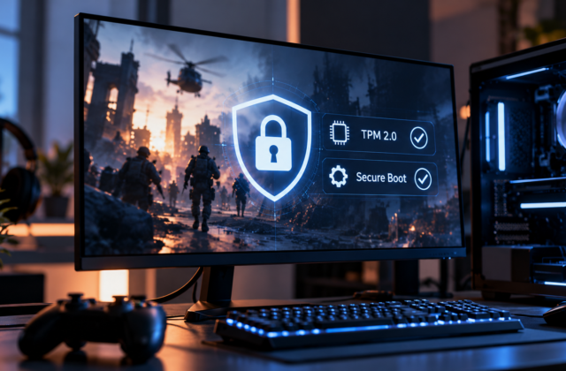 Gaming-PC mit Monitor, auf dem Secure Boot und TPM 2.0 als Sicherheitsfunktionen für Anti-Cheat dargestellt werden.