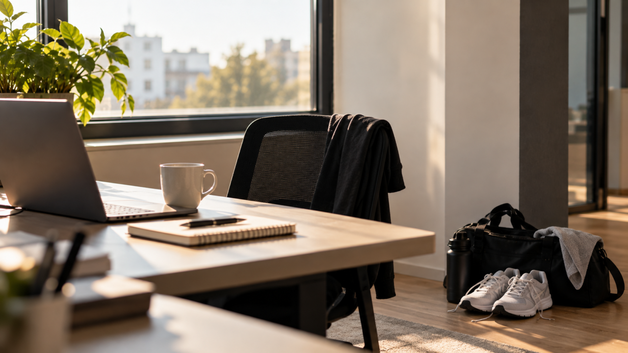Schreibtisch mit Laptop und Bürostuhl im Tageslicht. Daneben stehen eine Sporttasche, Laufschuhe und eine Trinkflasche.