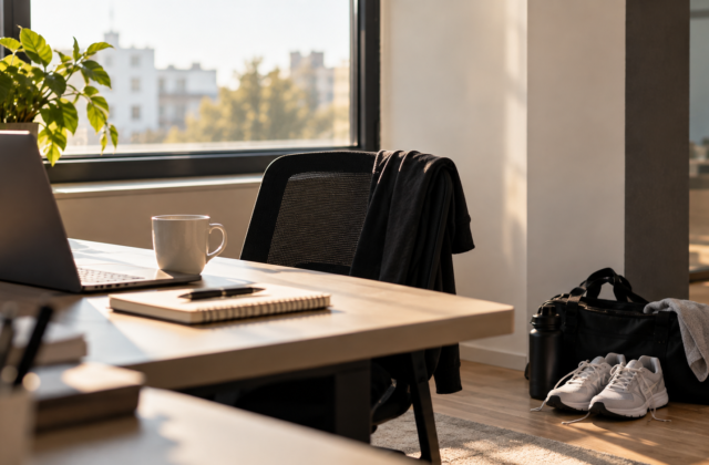 Schreibtisch mit Laptop und Bürostuhl im Tageslicht. Daneben stehen eine Sporttasche, Laufschuhe und eine Trinkflasche.
