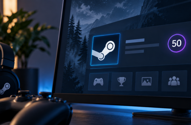 Steam-Profil mit Level 50 auf einem Monitor neben Gaming-Controller und Kopfhörern als Symbol für Steam-Level und Profilfunktionen.