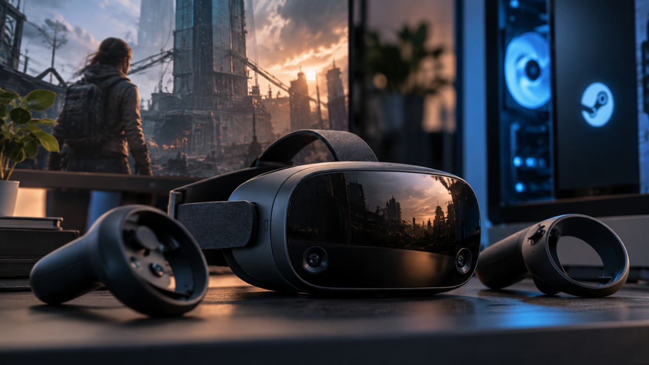 Schwarzes VR-Headset mit Controllern vor einem Gaming-PC und einem Spiel auf dem Bildschirm.