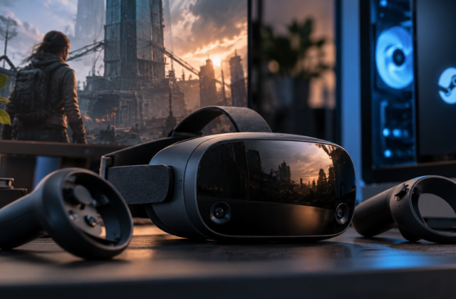 Schwarzes VR-Headset mit Controllern vor einem Gaming-PC und einem Spiel auf dem Bildschirm.
