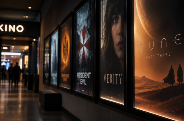 Kinogang mit Filmplakaten zu kommenden Highlights wie Dune: Part Three, Verity und Resident Evil.