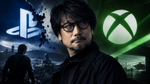 Hideo Kojima vor PlayStation- und Xbox-Symbolen als Illustration zum Publisherwechsel von PHYSINT.