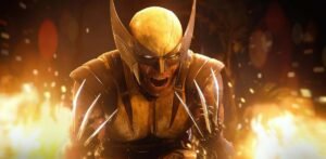 Wolverine in gelb-blauem Anzug mit ausgefahrenen Krallen in einer Kampfszene aus Marvel’s Wolverine.