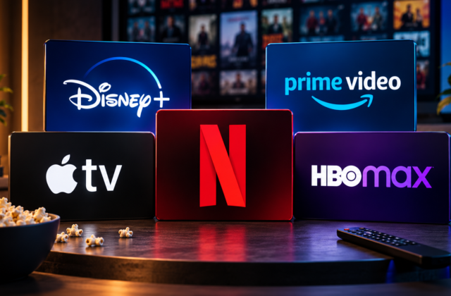 Vergleich der Streamingdienste Netflix, Disney+, Prime Video, Apple TV und HBO Max vor einem Fernseher.