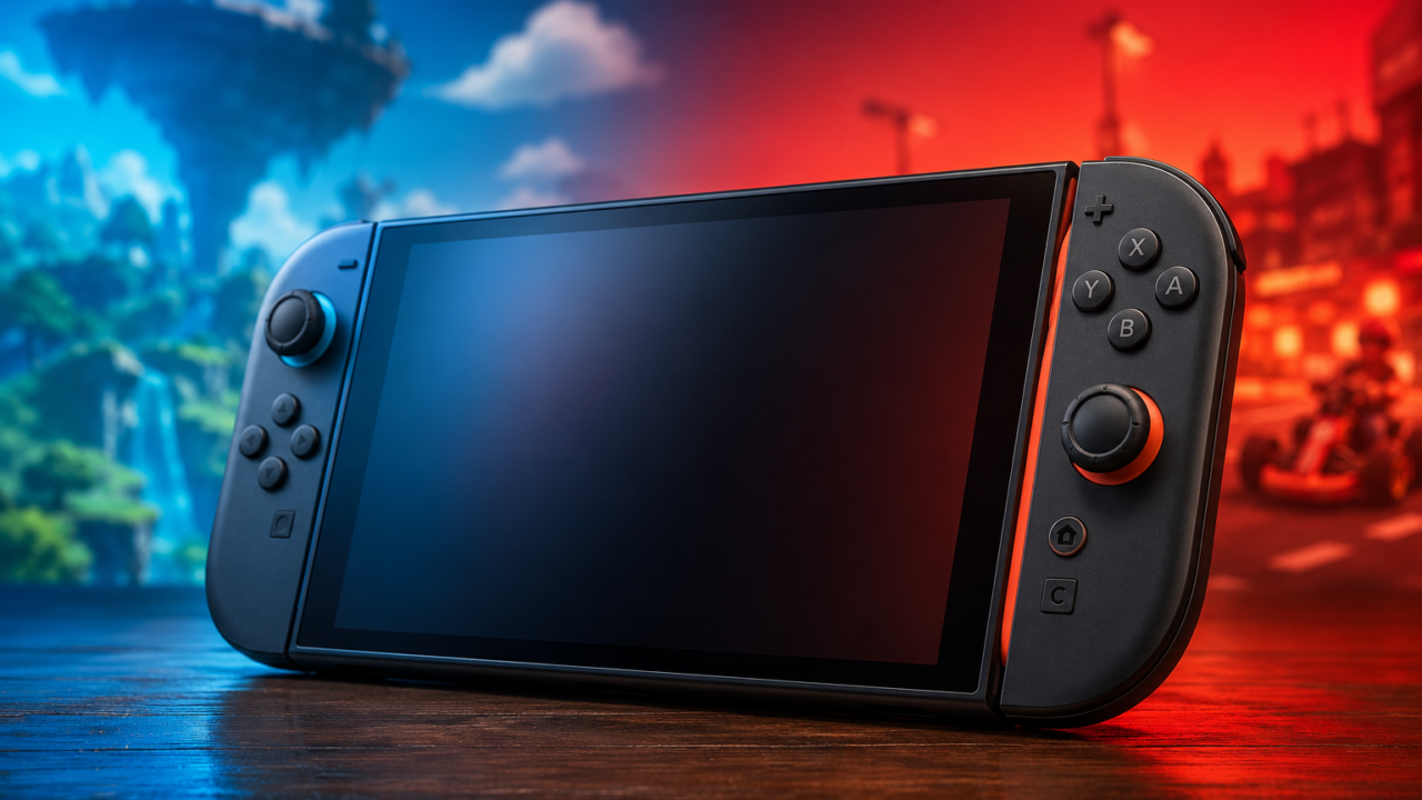 Nintendo Switch 2 mit Joy-Con vor blau-roter Gaming-Kulisse