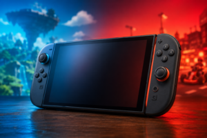 Nintendo Switch 2 mit Joy-Con vor blau-roter Gaming-Kulisse