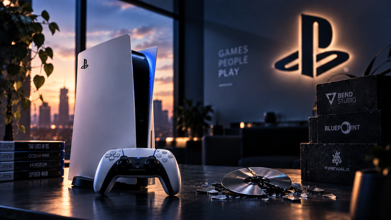 PS5 mit DualSense, Spielhüllen und zerbrochener Disc als Illustration zu Sonys PlayStation-Strategie 2026.