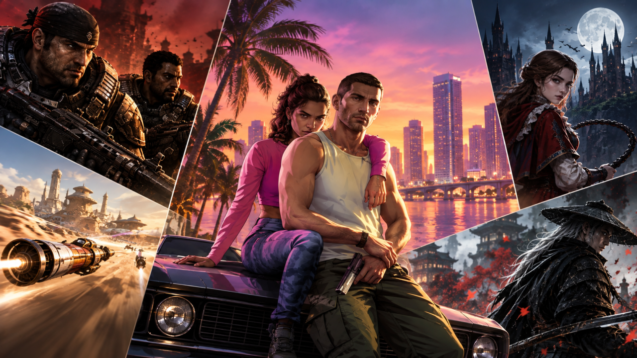 Cineastische Gaming-Collage mit Soldaten, Rennfahrzeugen, Fantasy-Figuren und moderner Großstadt vor dem Release von GTA 6.