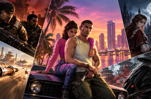 Cineastische Gaming-Collage mit Soldaten, Rennfahrzeugen, Fantasy-Figuren und moderner Großstadt vor dem Release von GTA 6.