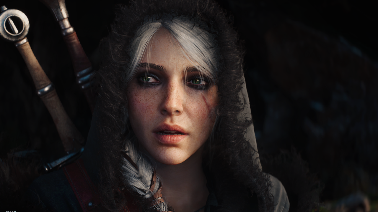 Ciri aus The Witcher 4 mit zwei Schwertern auf dem Rücken in einer dunklen Spielszene.