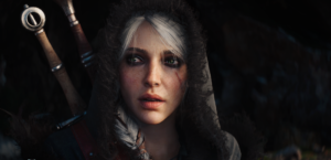 Ciri aus The Witcher 4 mit zwei Schwertern auf dem Rücken in einer dunklen Spielszene.