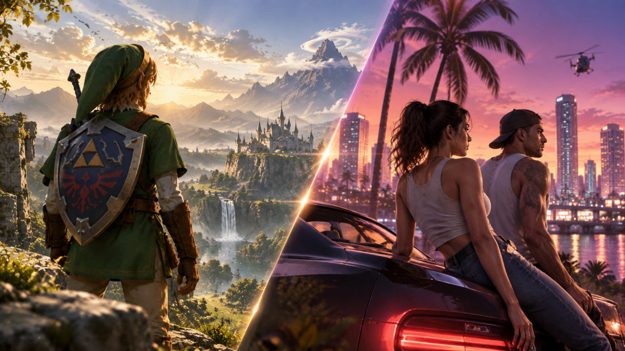Fantasy-Held im Zelda-Stil trifft auf eine moderne GTA-inspirierte Großstadt als Illustration zum Release-Duell im November 2026.