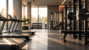 Modernes Fitnessstudio mit Laufbändern auf der einen und Hantel- sowie Krafttrainingsbereich auf der anderen Seite.