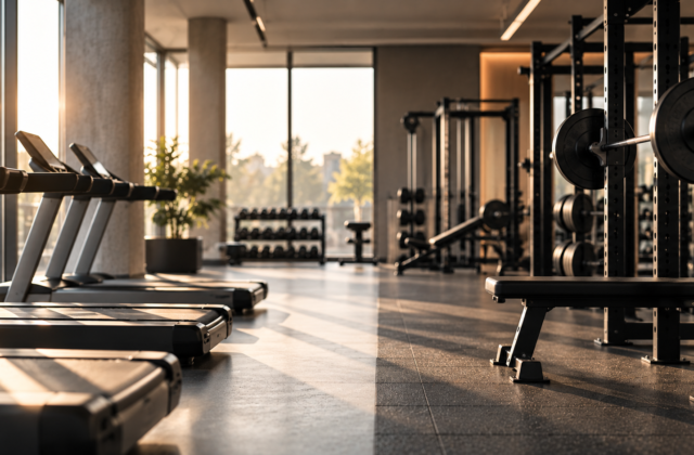 Modernes Fitnessstudio mit Laufbändern auf der einen und Hantel- sowie Krafttrainingsbereich auf der anderen Seite.